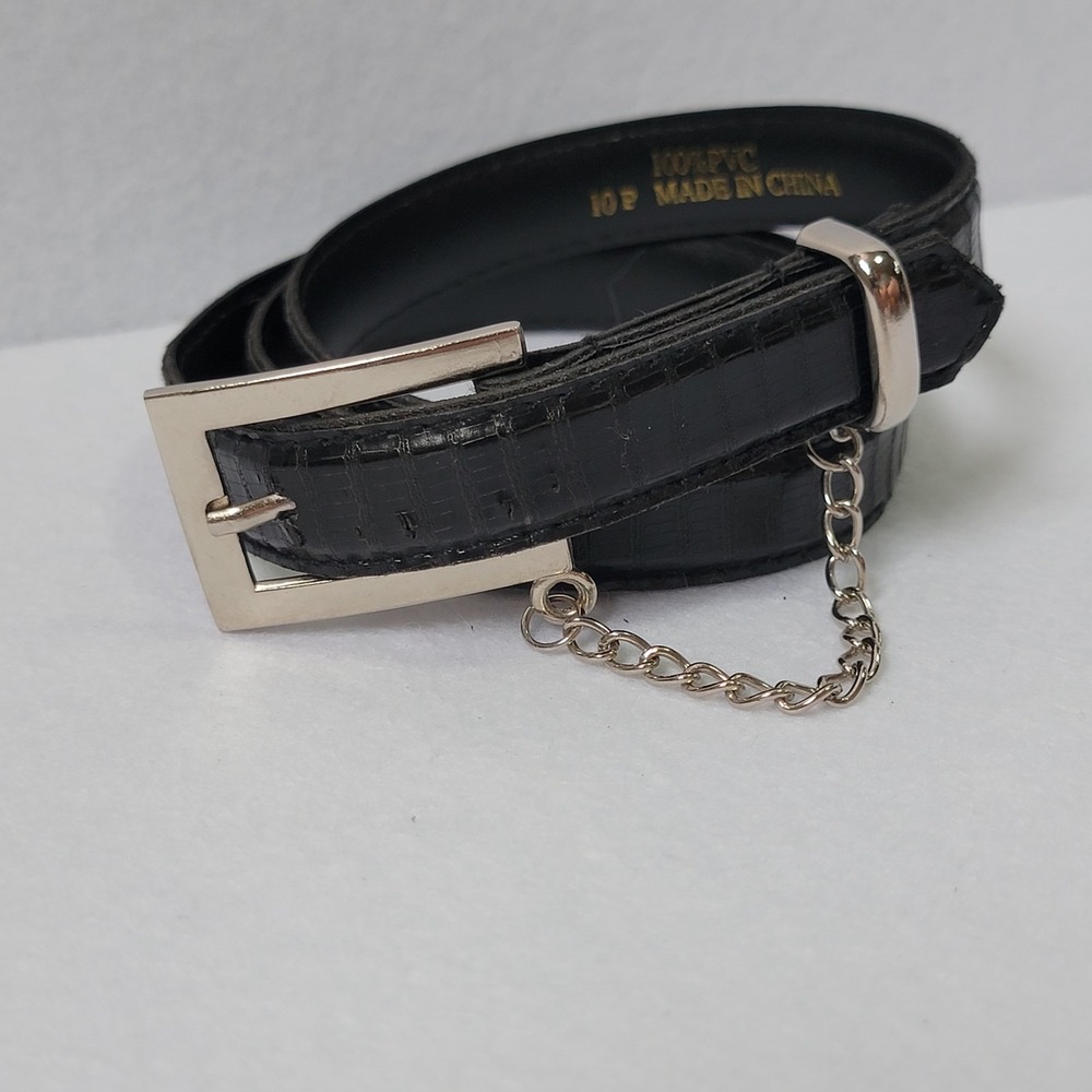 Y2K Grunge Black Alligator Embossed Belt Silver Loop Dangle Chain Medium Sz 10P